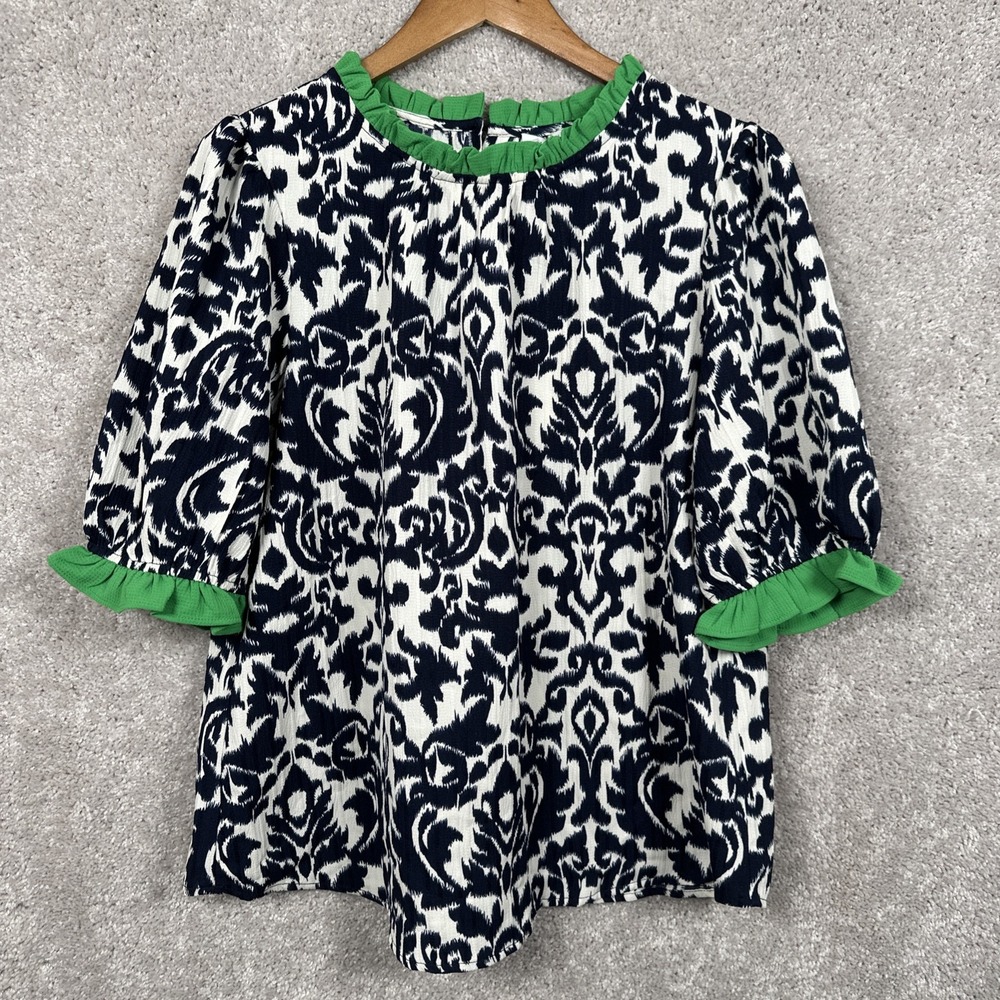 NWT VOY Green Navy Damask Abstract Print Puff Ruffle Sleeve Top Size Medium